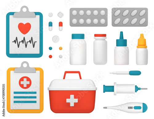 A first aid kit with medical supplies. Set of medical items, thermometer, syringe, pipette, tablets. 3D vector illustration isolated on a white background.
