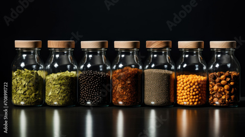 A neat line of glass jars filled with assorted legumes and spices on a reflective surface against a dark background.