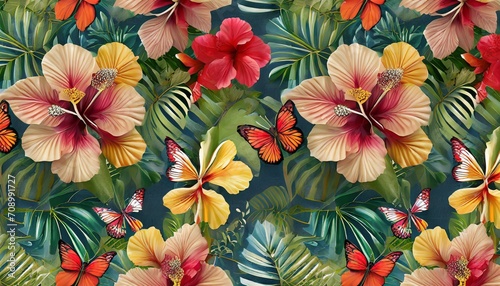 exotic tropical pattern with hibiscus flowers butterflies tropical leaves floral background hand drawn 3d illustration suitable for the design of fabric paper wallpaper notebook covers