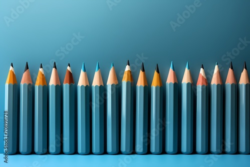 Array of finely sharpened graphite pencils on a baby blue backdrop  creating a classic and timeless composition with space for artistic annotations