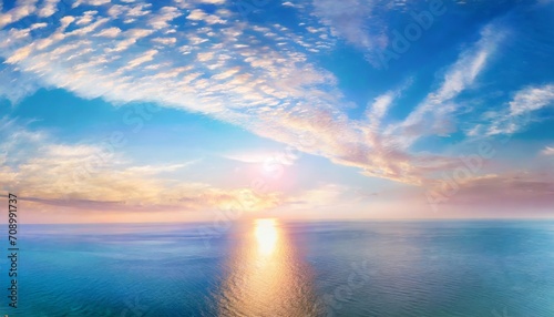 aerial panoramic view of sunset over ocean colorful sky clouds water beautiful serene scene wide angle seascape drone view majestic stunning nature background best sea sky sunrise inspire views