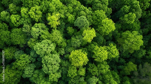 Drone view of amazing green forest with trees and bushes growing in countryside © HM Design