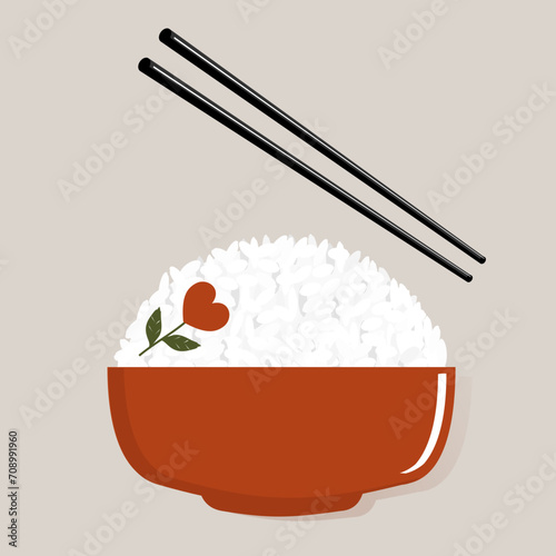 Rice bowl with chopsticks and heart shape flower vector illustration.