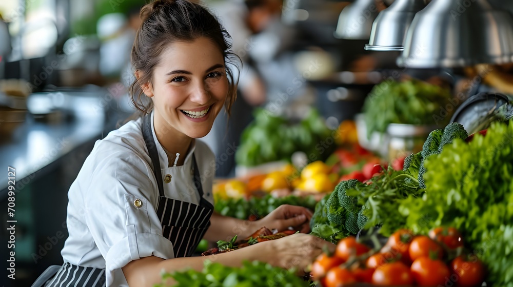 Female chef in kitchen, cooking preparing a gourmet meal, happy smiling woman working restaurant supermarket grocery store.