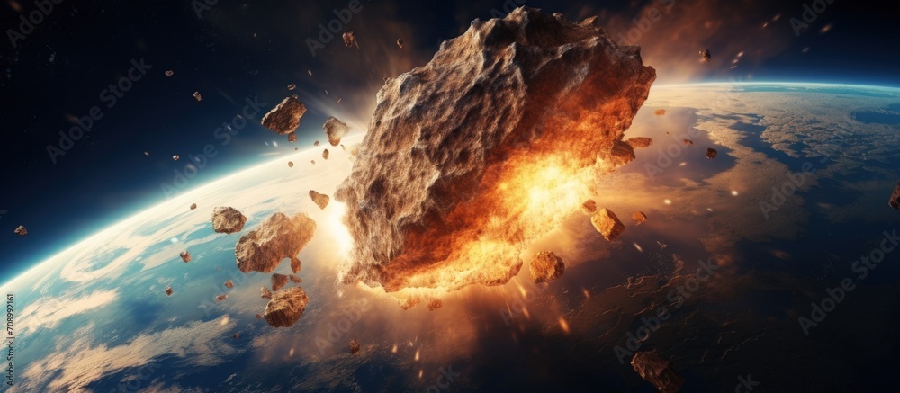 Illustration a big burning asteroid in space damage flying to earth background. Generate AI - obrazy, fototapety, plakaty 