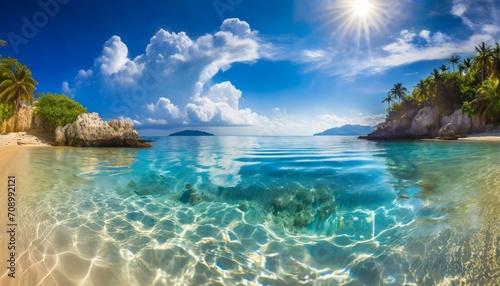 crystal clear sea water bay pristine ocean lagoon sunny cloudy sky idyllic relaxing seascape surface exotic travel tropics mediterranean nature panorama summer background beach view
