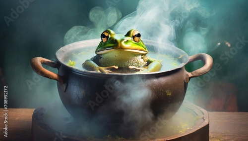 an enchanted frog prince from a fairy tale being boiled in a pot or cauldron submerged in water with smoke around metaphor of the passivity of a toad being cooked slowly