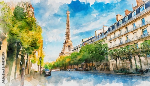 beautiful digital watercolor painting of the steets of paris france with the eiffel tower in the background