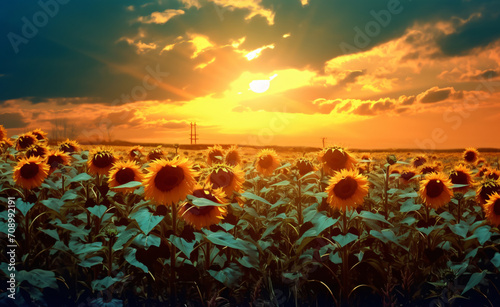 Sunflowers in the field with sun shining over them, in the style of repetitive, photo-realistic landscapes