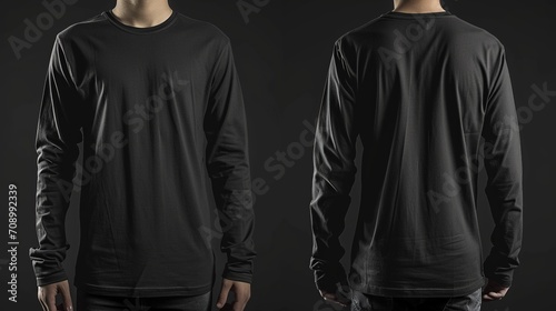Black long sleeved t-shirt mock up, front and back view, isolated. Male model wear plain black shirt mockup. Long sleeve shirt design template. Blank tees for print photo