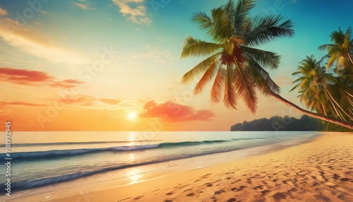 island palm tree sea sand beach panoramic beach landscape inspire tropical beach seascape horizon orange and golden sunset sky calmness tranquil relaxing summer mood vacation travel holiday banner © Richard
