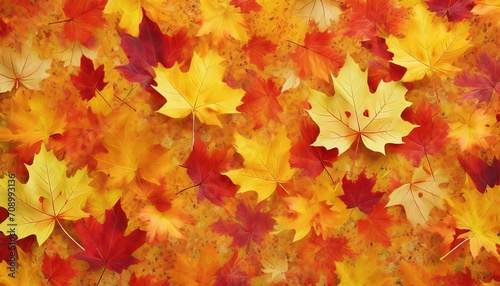 scattered colorful red orange and yellow fall maple leaves background colors of gold autumn seasonal decoration concept