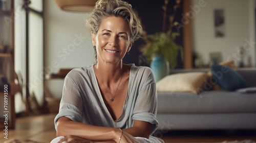 Smiling 50 years old beautiful woman sitting in her living room at home and looking at camera. 