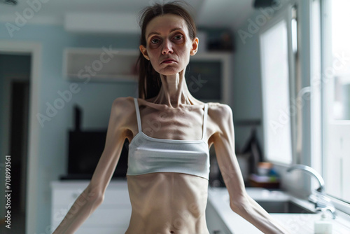 Woman with an eating disorder, anorexia nervosa,  in kitchen  photo