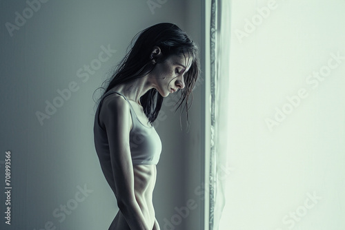 Woman with an eating disorder, anorexia nervosa, in front of a window photo