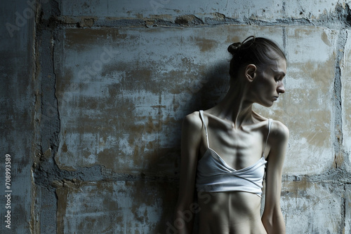 Woman with an eating disorder, anorexia nervosa, against a distressed wall photo