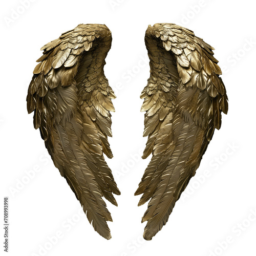 Pair of gold anel wings and feathers isolated on transparent background