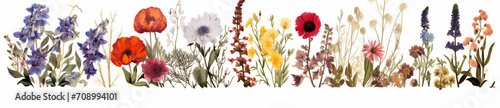 A line of different colored flowers, in the style of white background, nature morte