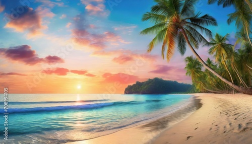 amazing travel landscape beautiful panoramic sunset tropical paradise beach tranquil summer vacation or holiday tropical sunset beach seaside palm calm peace panorama exotic nature colorful sea sky