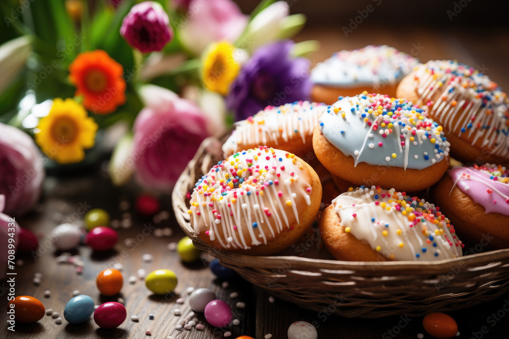 Easter baking with icing, candy and multi-colored sprinkles, colored Easter eggs, flowers on the background of the kitchen. Easter holiday background, postcard.Happy Easter and spring holiday concept