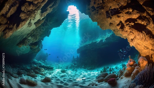 underwater cave in fantasy underwater world digital illustration generative ai