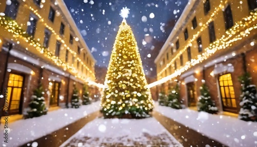 city street christmas winter blurred background xmas tree with snow decorated with garland lights holiday festive background widescreen backdrop new year winter