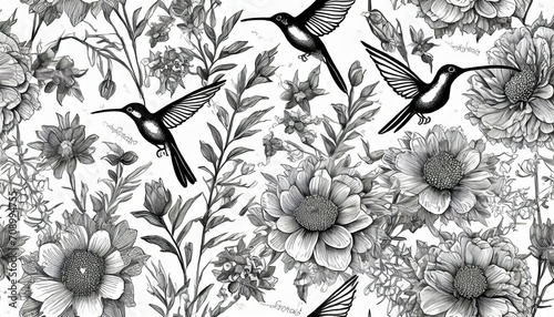 seamless vector pattern with lovely flowers and birds floral wallpaper with hummingbirds tropical background line art hand drawing bw graphics luxury design for wallpaper fabric paper © Richard