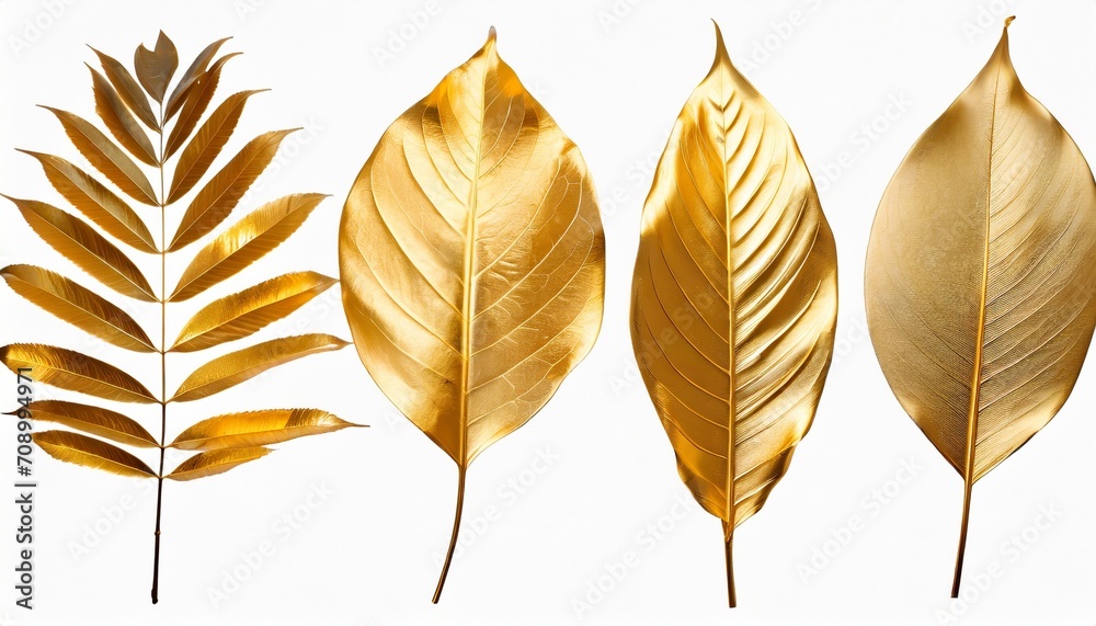 golden leaves set on white background isolated closeup gold color leaf collection yellow metal floral design element shiny metallic foliage ornament decorative vintage pattern flower plant branch