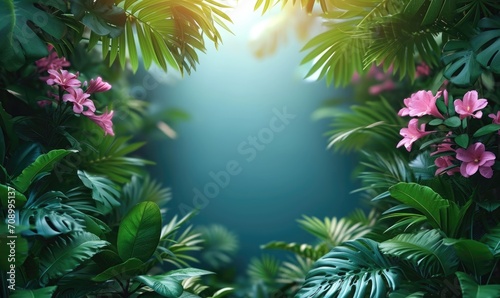 Tropical background with green palm leaves and pink flowers. Dark green border frame made of tropical leaves