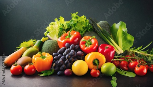 colorful assortment of fresh fruits and vegetables on dark background