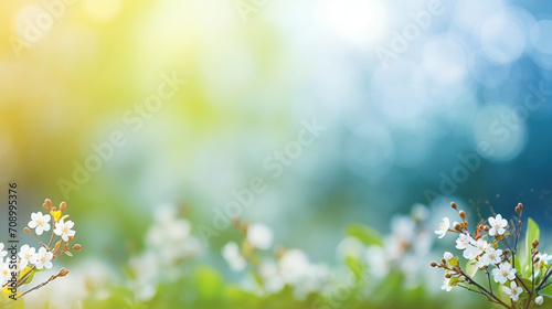 Soft-focus image of delicate white flowers bathed in sunlight with a gentle blue bokeh background.