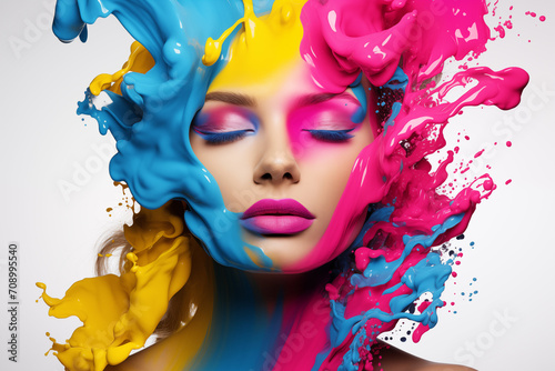 A vibrant CMYK masterpiece wallpaper or background, a woman's face brought to life through digital design, an abstract tapestry of captivating beauty in vivid hues