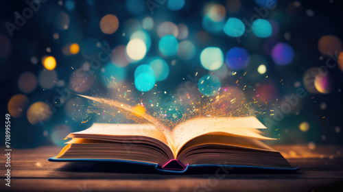 Open book on a dark background with sparkling bokeh lights, creating an atmosphere of magic and mystery.