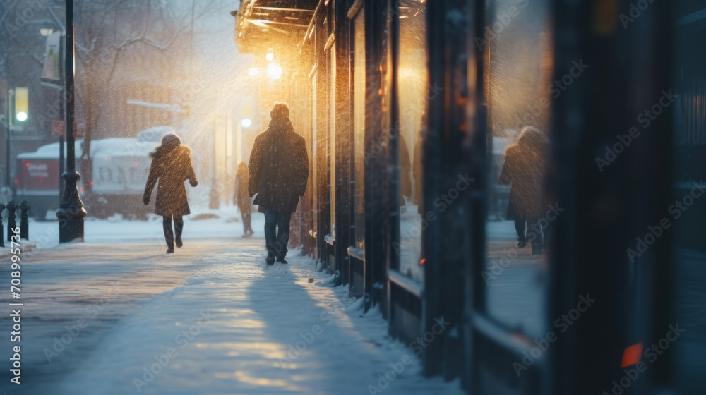 Urban scene captured on a snowy winter evening with people walking by warmly lit storefronts, evoking a cozy atmosphere.