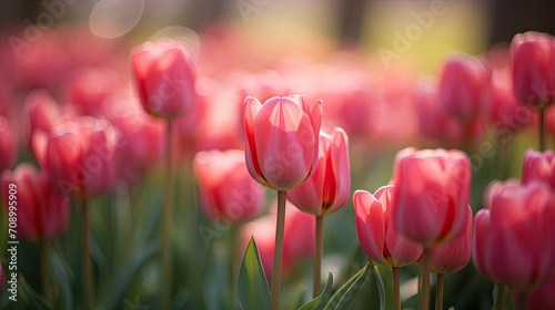 pink tulips in garden, Close up buds of pink tulips in spring #708995909