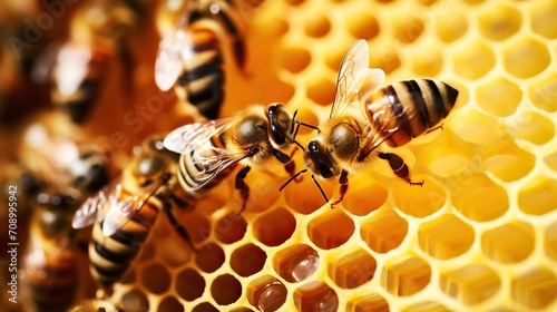 Bees Working in the Honeycomb. Bees in honeycomb with honey