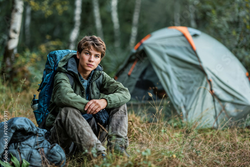 Young Hiker Resting by Tent Generative AI