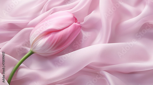 Close-up of a delicate pink tulip bud against a soft, silky, pink textile, conveying a sense of luxury and finesse.