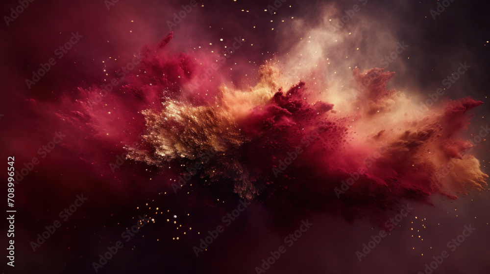 Dramatic abstract explosion of red and gold dust, capturing a dynamic and vibrant artistic expression.