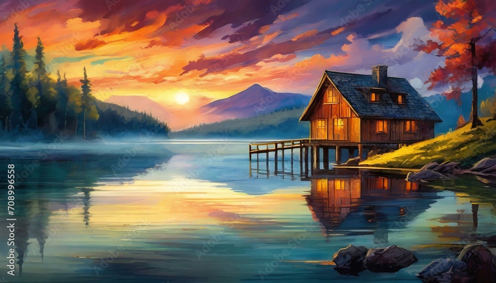Fototapeta premium Solitary Serenity: A Tranquil Sunset Embraces a Secluded Cabin by the Lake