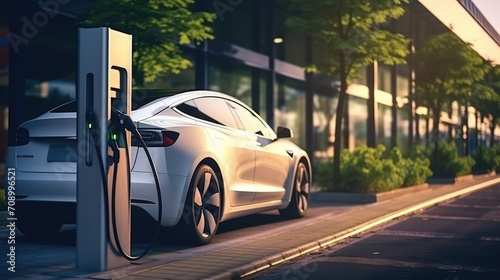 Charging modern electric car on the street which are the future of the Automobile