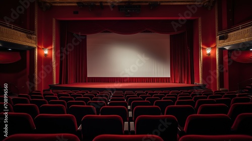 Modern cinema screen hall, stage and empty projection screen, with rows of red chairs. blank screen a place to write, to add images.