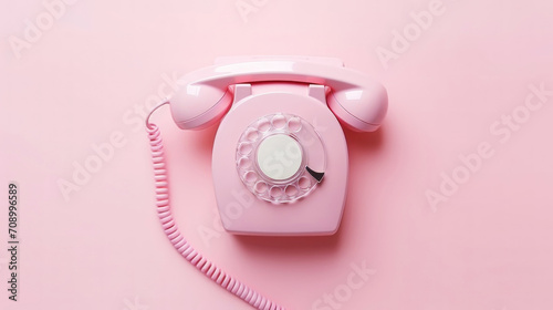 Vintage classic rotary dial pink phone. Pastel colour palette. Retro concept. Generative AI photo