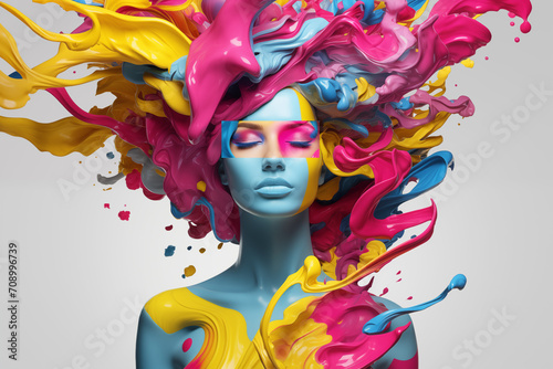 Abstract masterpiece of a woman's face emerged, brought to vivid life through the artistry of CMYK digital printing and design, showcasing beauty in a tapestry of vibrant hues and captivating forms