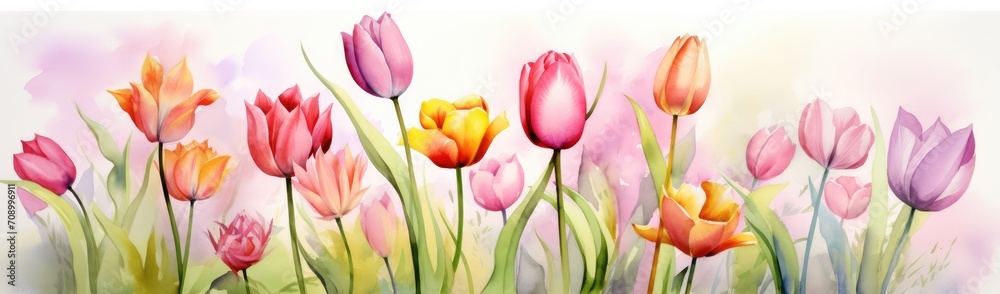 Fototapeta premium Tulips flowers. Watercolor illustration banner on white background