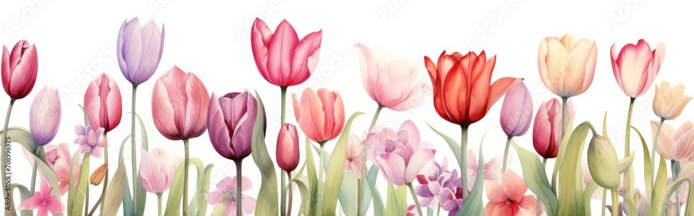 Tulips flowers. Watercolor illustration banner on white background