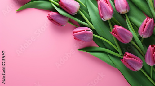 A lush bouquet of pink tulips lays invitingly on a vibrant pink background, creating a scene of freshness and spring vitality.