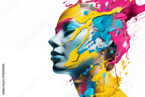 Abstract masterpiece of a woman's face emerged, brought to vivid life through the artistry of CMYK digital printing and design, showcasing beauty in a tapestry of vibrant hues and captivating forms photo