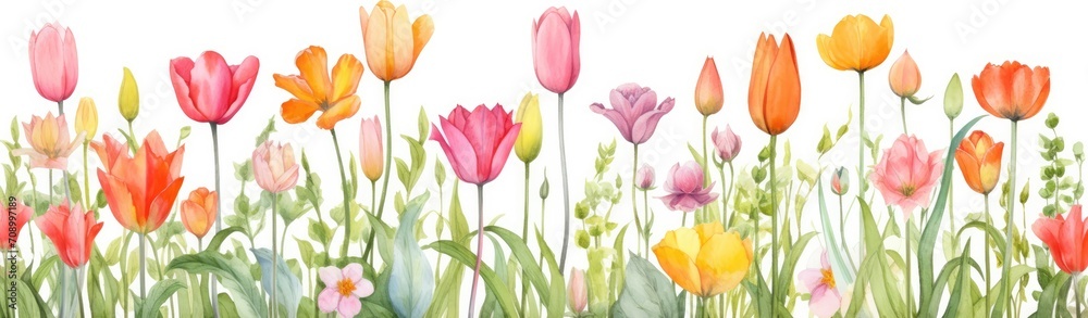 Tulips flowers. Watercolor illustration banner on white background - obrazy, fototapety, plakaty 
