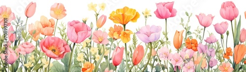 Tulips flowers. Watercolor illustration banner on white background © Eyepain